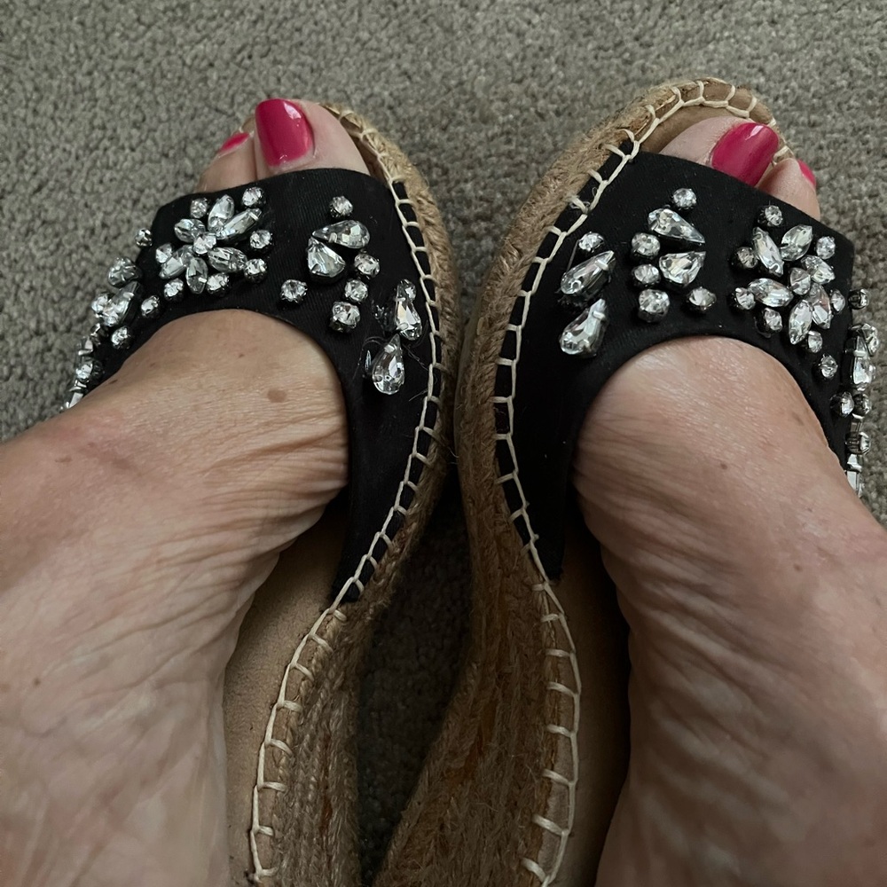 Black Canvas Jeweled Wedge Sandals - Picture 6 of 10